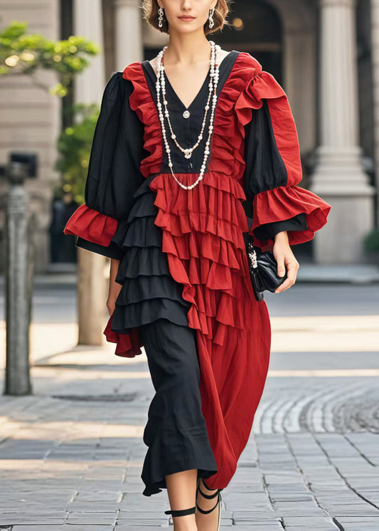 Plus Size Asymmetric Ruffle Evening Dress Flared Sleeves Black - OutfitLondon