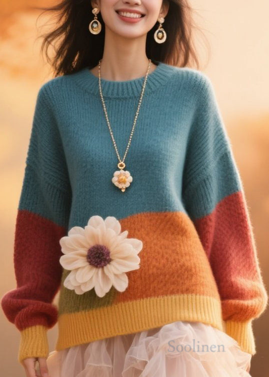 Women's Floral Knit Sweater Round Neck Color Block Autumn - OutfitLondon