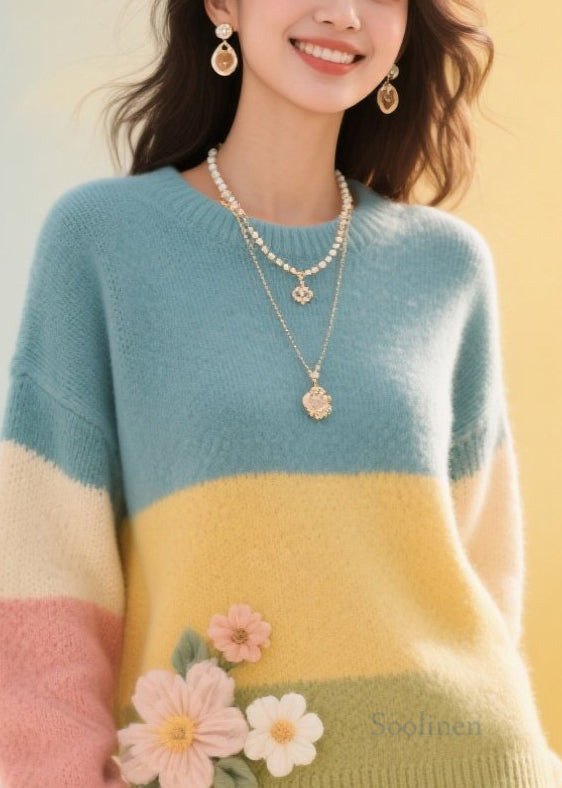 Women's Patchwork Sweater Round Neck Color Block 5XL - OutfitLondon