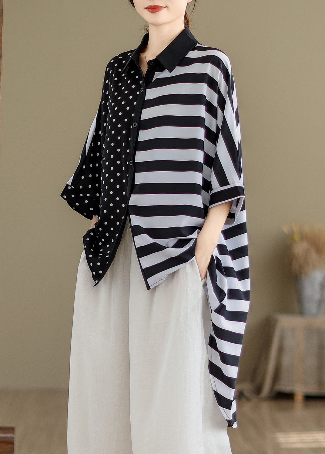 Plus Size Women Cotton Shirt Color Block High Low Hem - OutfitLondon