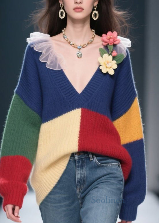 Women's V Neck Color Block Sweater Floral Knit Winter Warmth - OutfitLondon