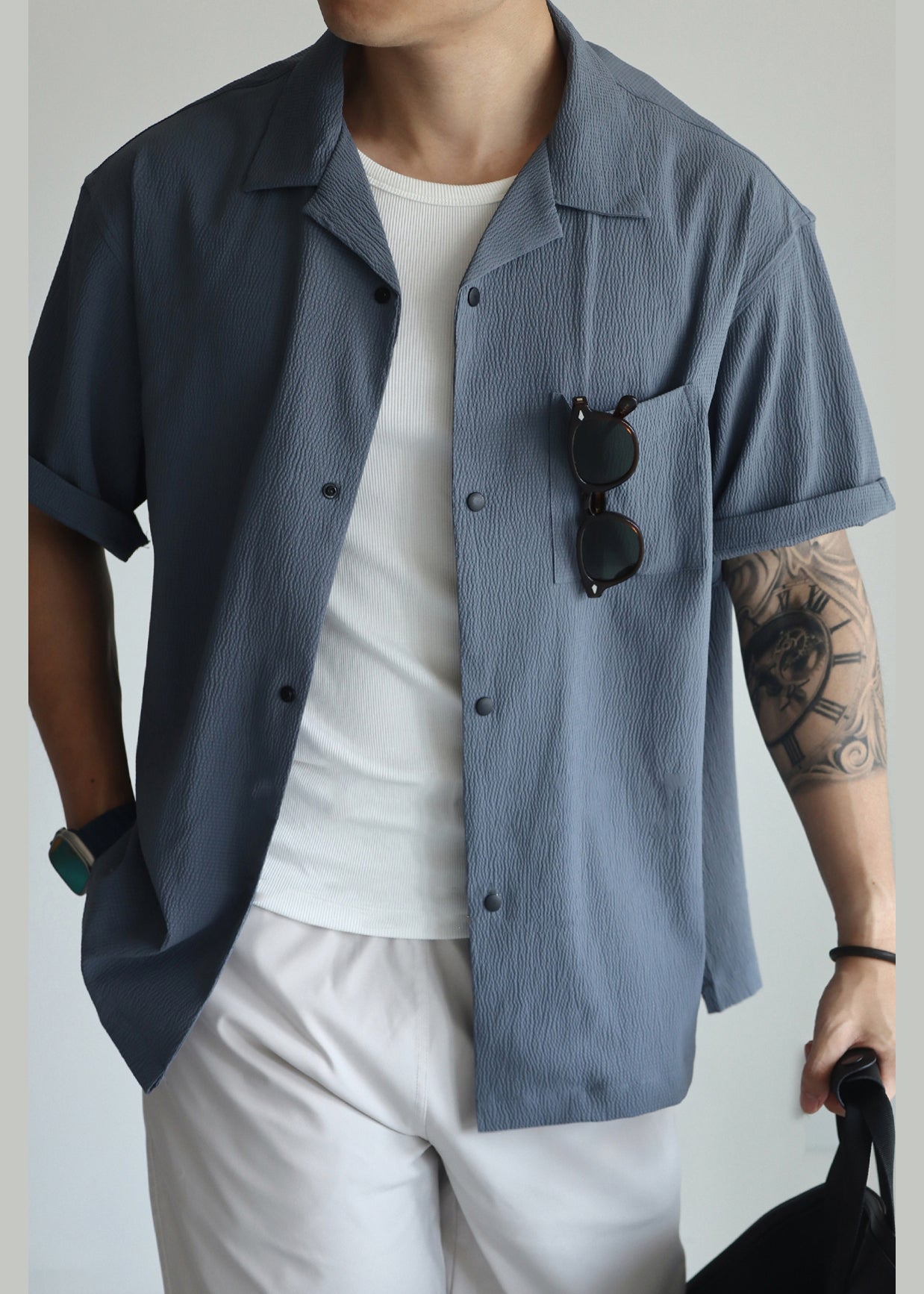 Men's Short Sleeve Cotton Shirt Breathable Haze Blue - OutfitLondon