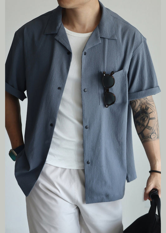 Men's Short Sleeve Cotton Shirt Breathable Haze Blue - OutfitLondon