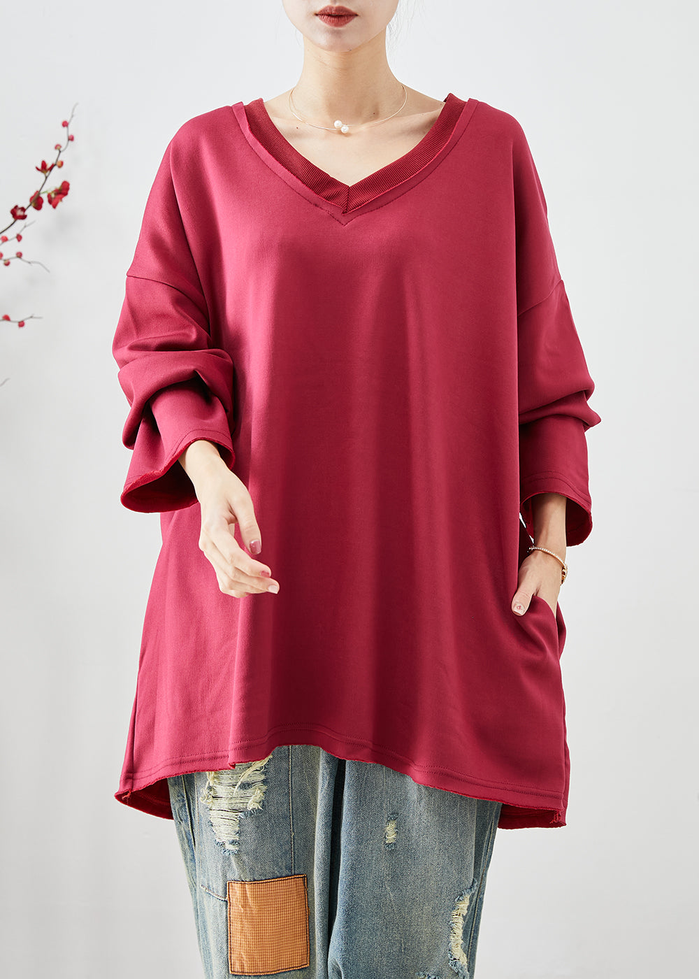 Women's Cotton Oversized Sweatshirt Relaxed Fit Mulberry - OutfitLondon