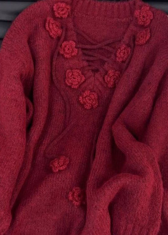 Women's V Neck Sweater Floral Knit Long Sleeves Mulberry - OutfitLondon