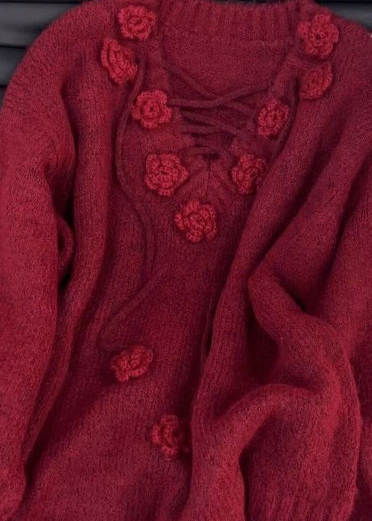 Women's V Neck Sweater Floral Knit Long Sleeves Mulberry - OutfitLondon