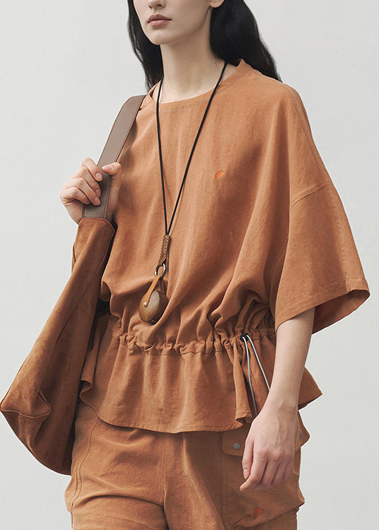 Women's Cotton Blend T-Shirt Round Neck Orange - OutfitLondon