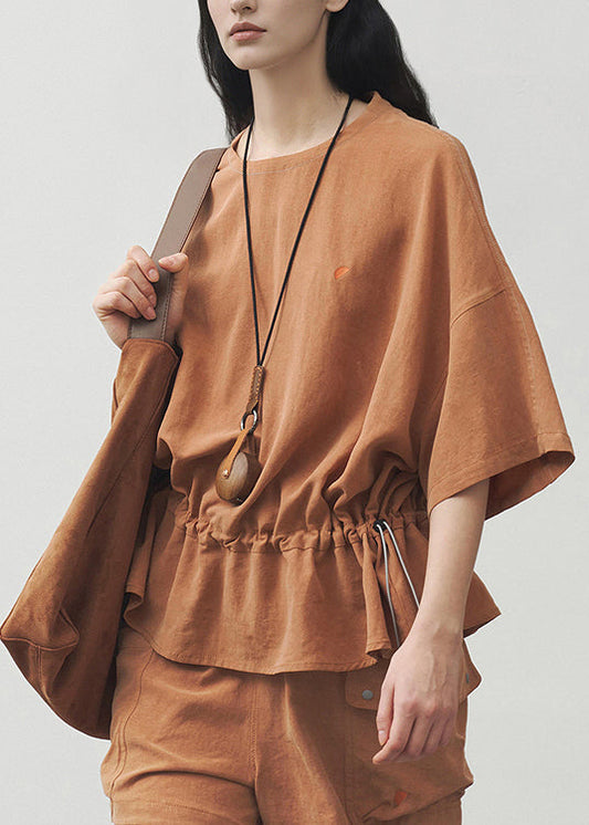 Women's Cotton Blend T-Shirt Round Neck Orange - OutfitLondon