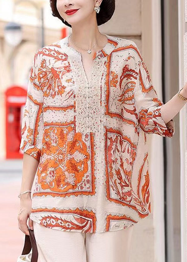 Women's Silk Chiffon Blouse Orange Print V Neck - OutfitLondon