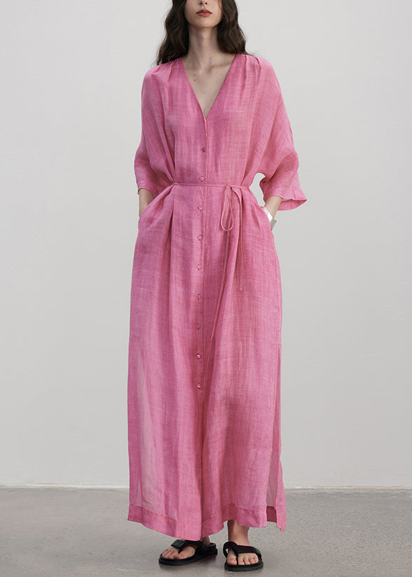 Women's Linen Maxi Dress V Neck Plus Size Beige - OutfitLondon