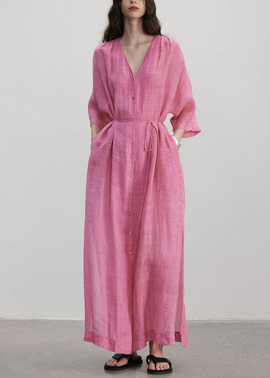 Women's Linen Maxi Dress V Neck Plus Size Beige - OutfitLondon