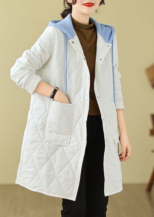 Women's Cotton Hooded Coat White Pockets - OutfitLondon