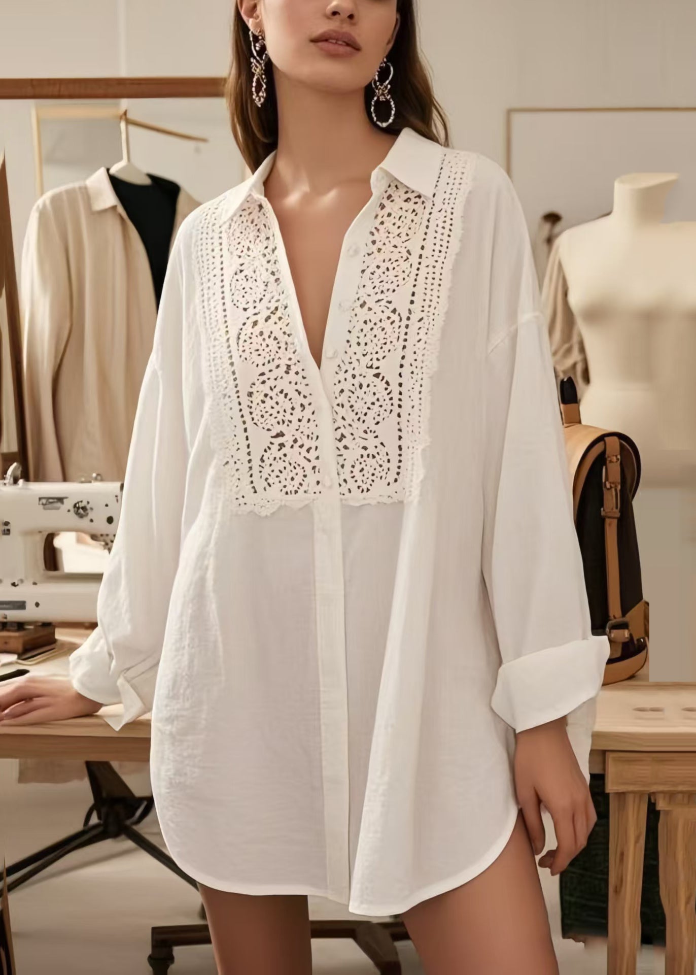 Women's White Cotton Eyelet Blouse V Neck Flowy - OutfitLondon