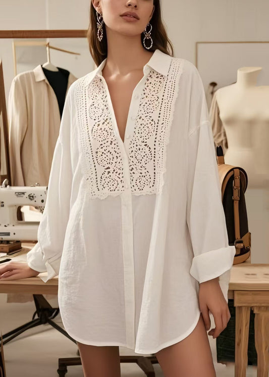 Women's White Cotton Eyelet Blouse V Neck Flowy - OutfitLondon