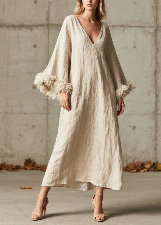 Plus Size V Neck Dress Faux Fur Sleeve White - OutfitLondon