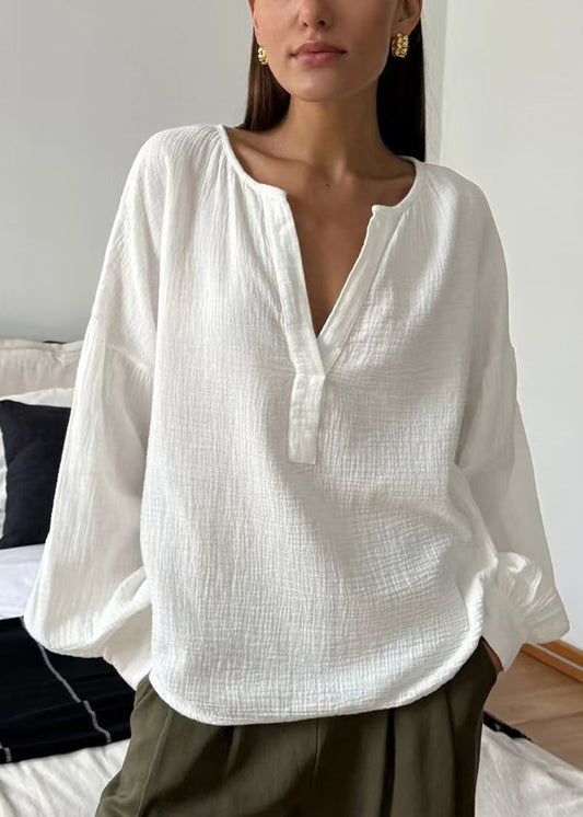 Women's Cotton Blend V-Neck Shirt White Plus Size - OutfitLondon