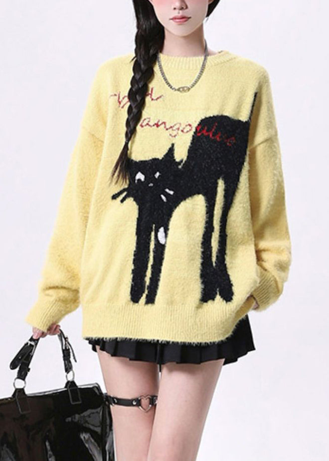 Women's Yellow Cat Print Sweater Crew Neck Plus Size - OutfitLondon