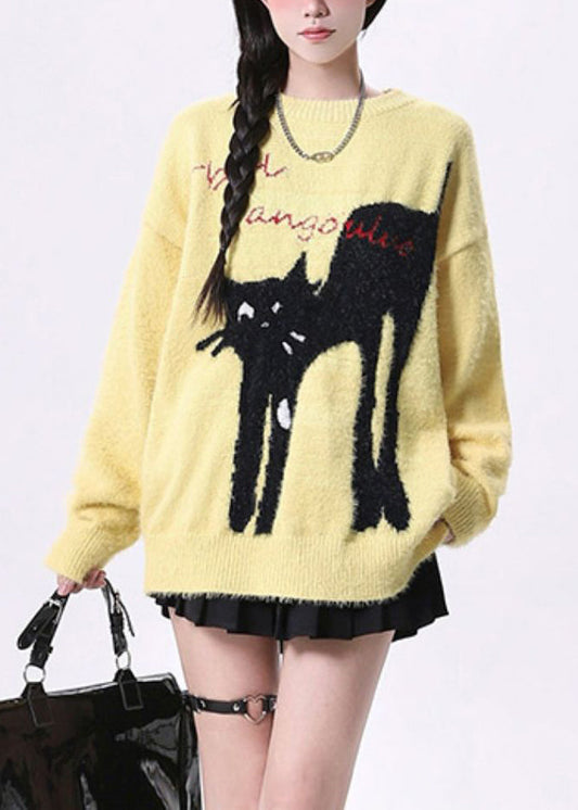 Women's Yellow Cat Print Sweater Crew Neck Plus Size - OutfitLondon