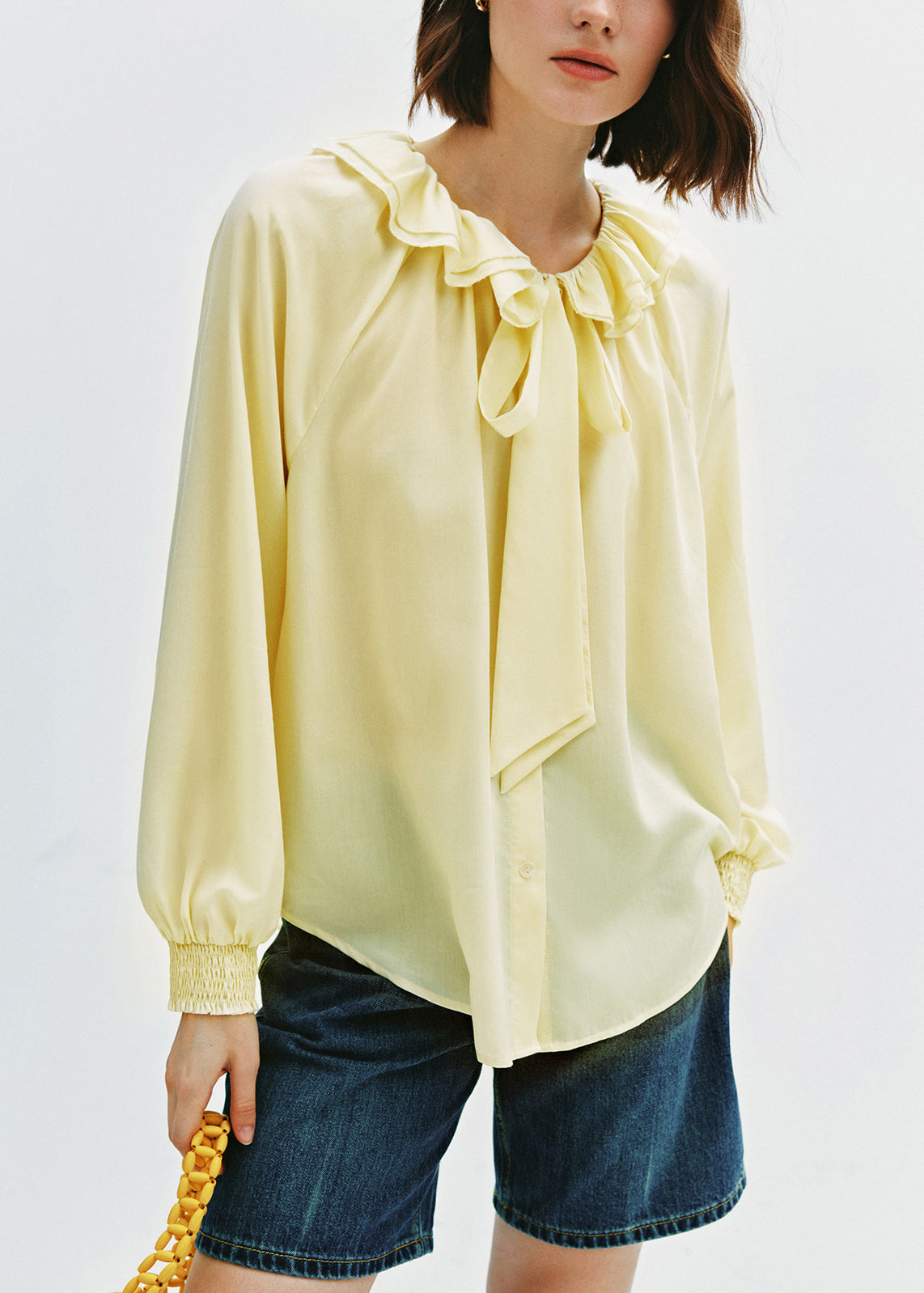 Women's Yellow Cotton Blouse Ruffle Front Plus Size - OutfitLondon