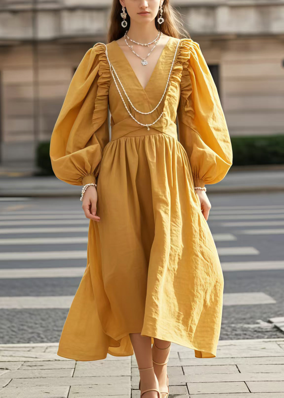 Women's Plus Size Yellow Cotton V Neck Evening Dress - OutfitLondon
