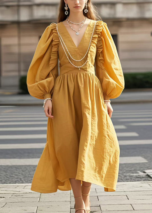 Women's Plus Size Yellow Cotton V Neck Evening Dress - OutfitLondon