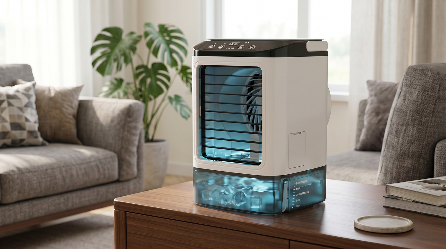 Portable Evaporative Air Cooler | Rechargeable 3-in-1 Cooling Fan with LED Light | Compact Personal Cooling Device