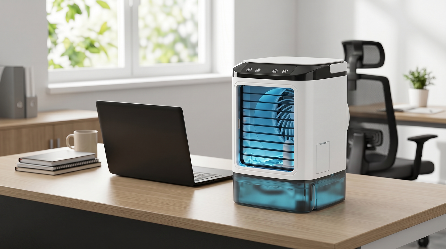 Portable Evaporative Air Cooler | Rechargeable 3-in-1 Cooling Fan with LED Light | Compact Personal Cooling Device