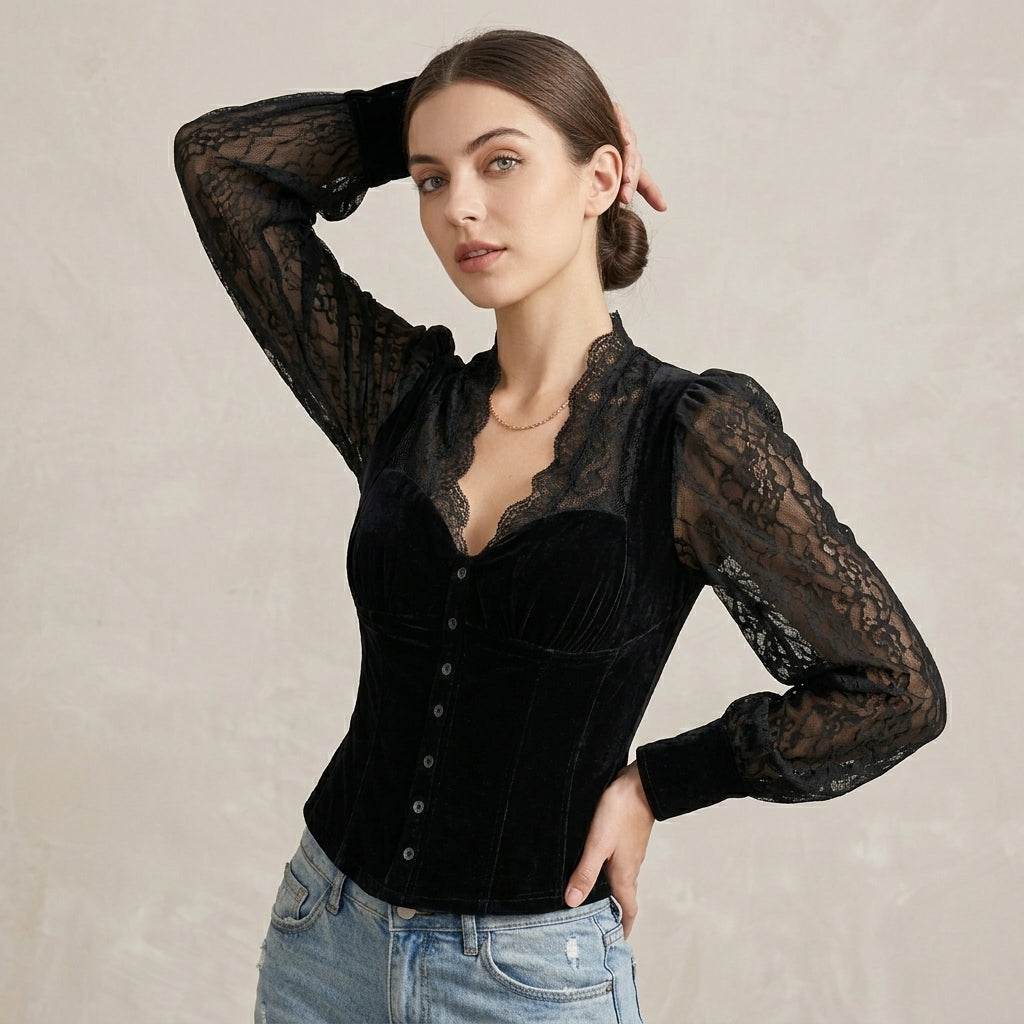 Elegant Fitted Lace Detail Women's Blouse