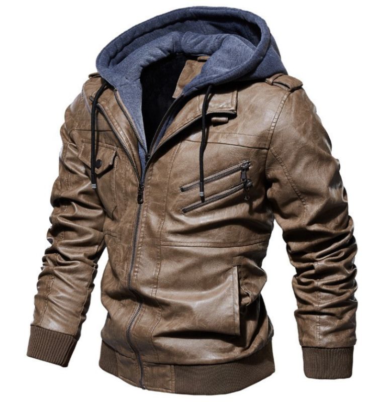 Men's Synthetic Leather Hoodie Coat