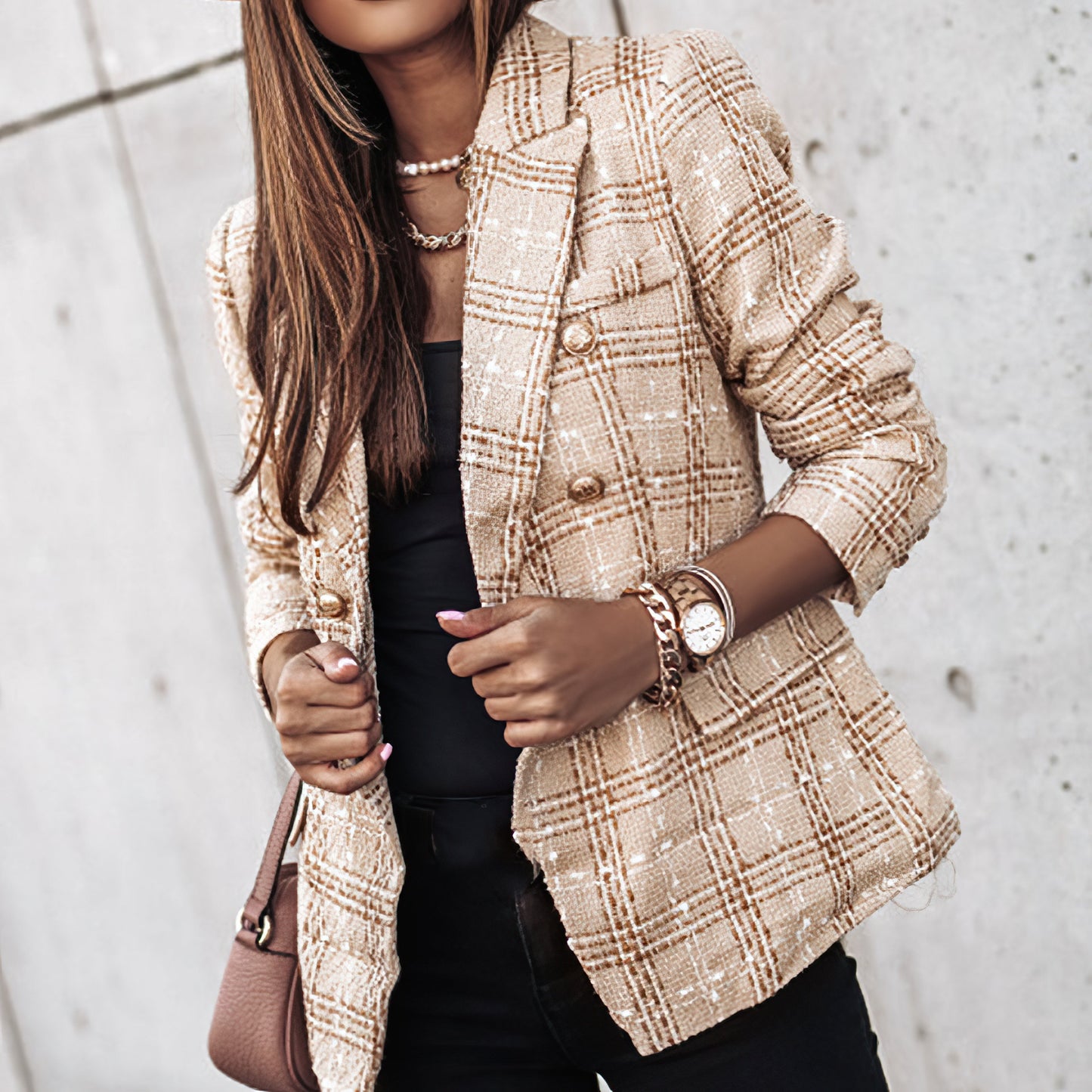 Warm Plaid Coat for Women with Front Pockets