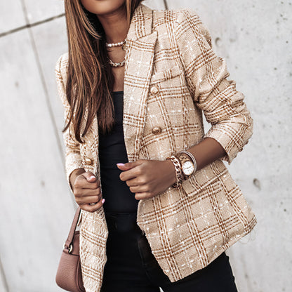 Warm Plaid Coat for Women with Front Pockets