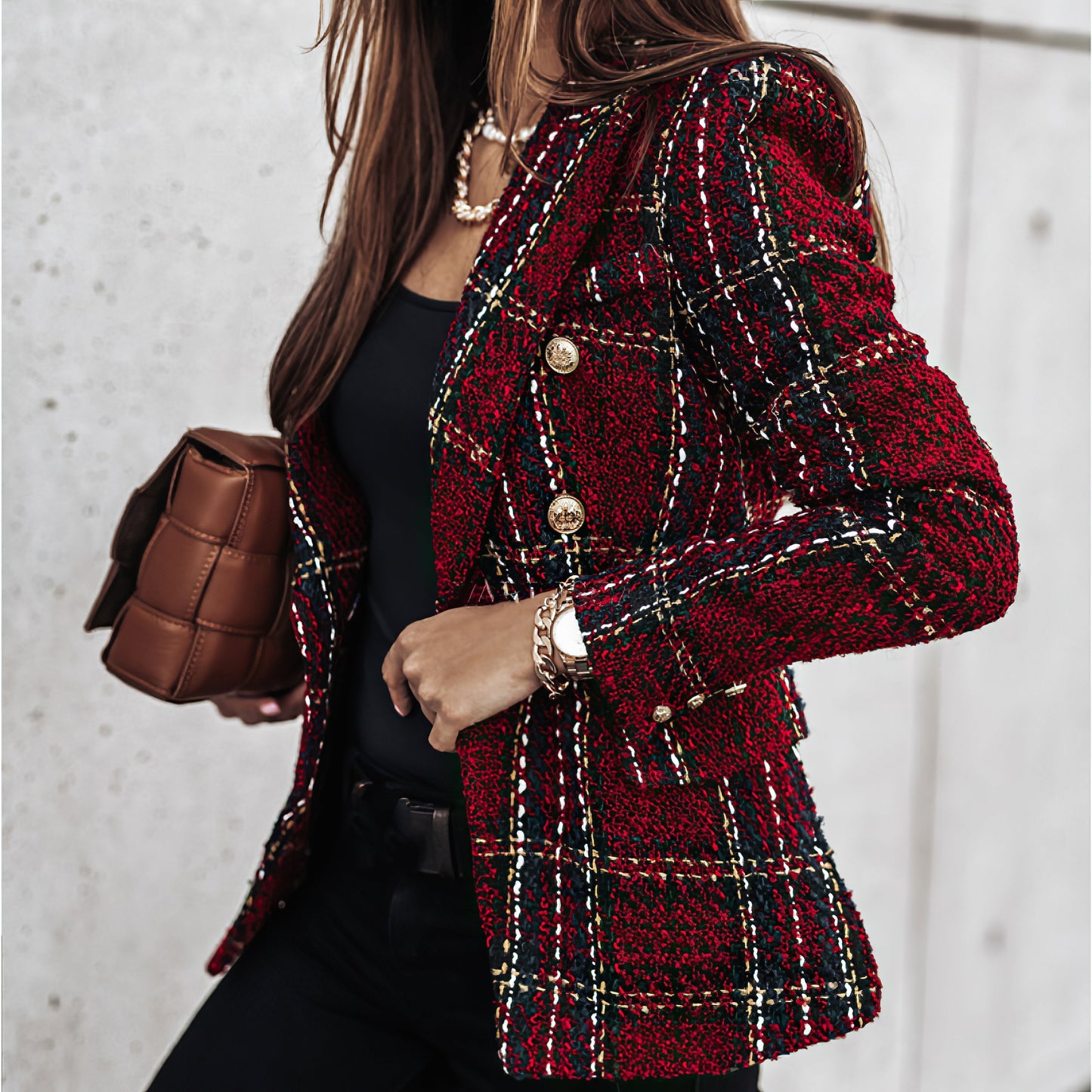 Warm Plaid Coat for Women with Front Pockets