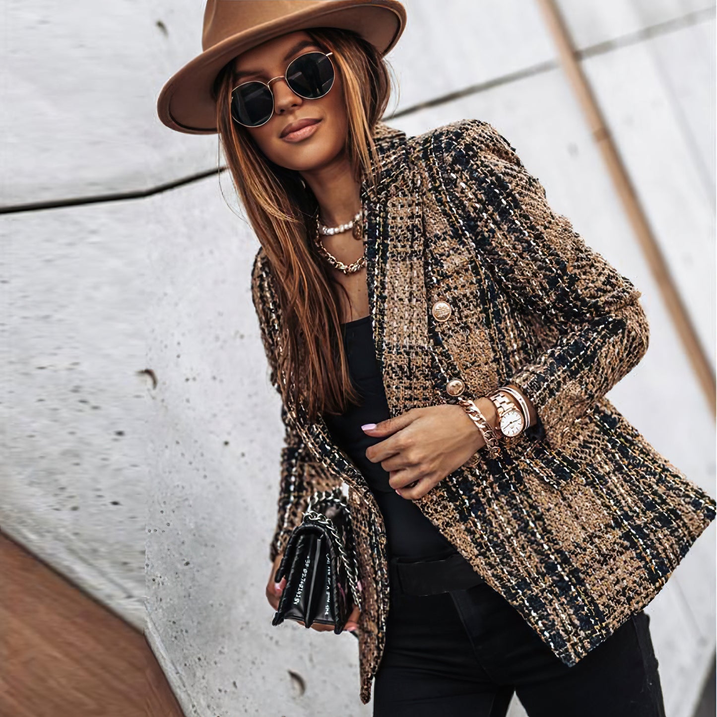 Warm Plaid Coat for Women with Front Pockets