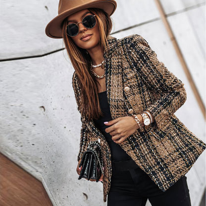 Warm Plaid Coat for Women with Front Pockets