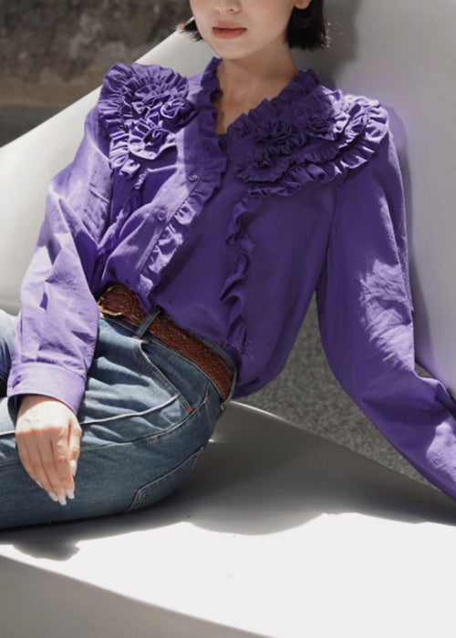 Women's Cotton Blouse Violet Ruffles V Neck Relaxed Fit - OutfitLondon