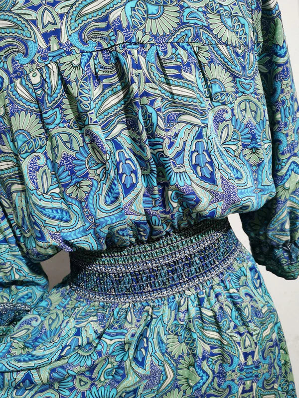 Qamira Dress | Bohemian Long Dress with Cinched Waist & 3/4 Sleeves