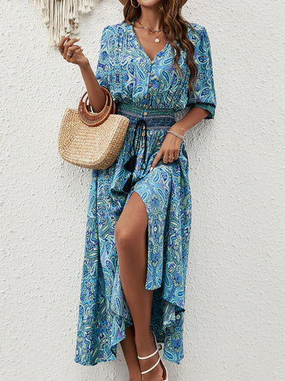 Flowy Maxi Dress with Fitted Waist and Cap Sleeves - OutfitLondon