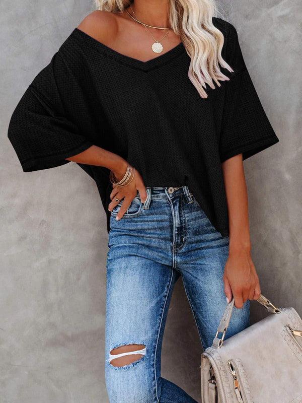 Relaxed Fit V Neck Waffle T-Shirt
