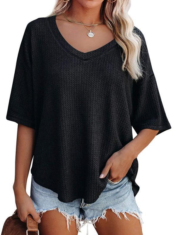 Relaxed Fit V Neck Waffle T-Shirt