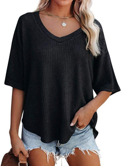 Relaxed Fit V Neck Waffle T-Shirt