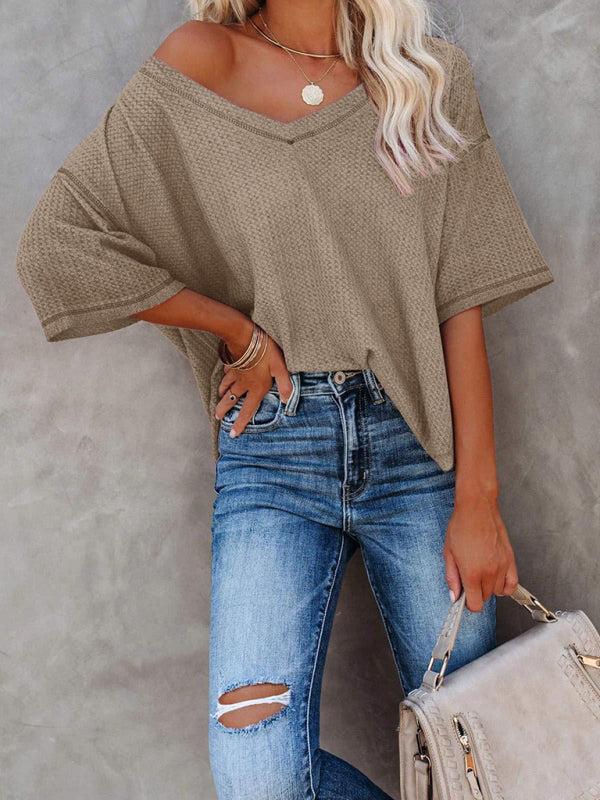 Relaxed Fit V Neck Waffle T-Shirt
