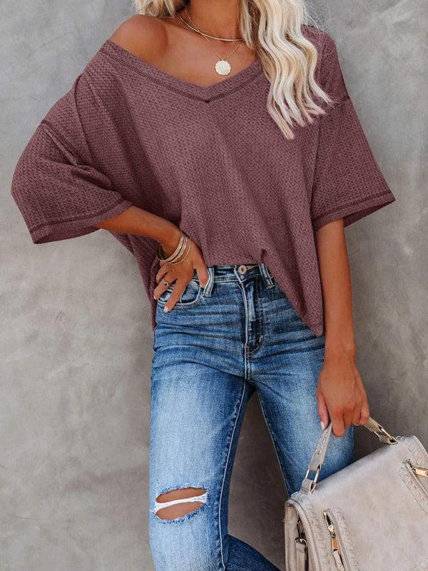 Relaxed Fit V Neck Waffle T-Shirt - OutfitLondon