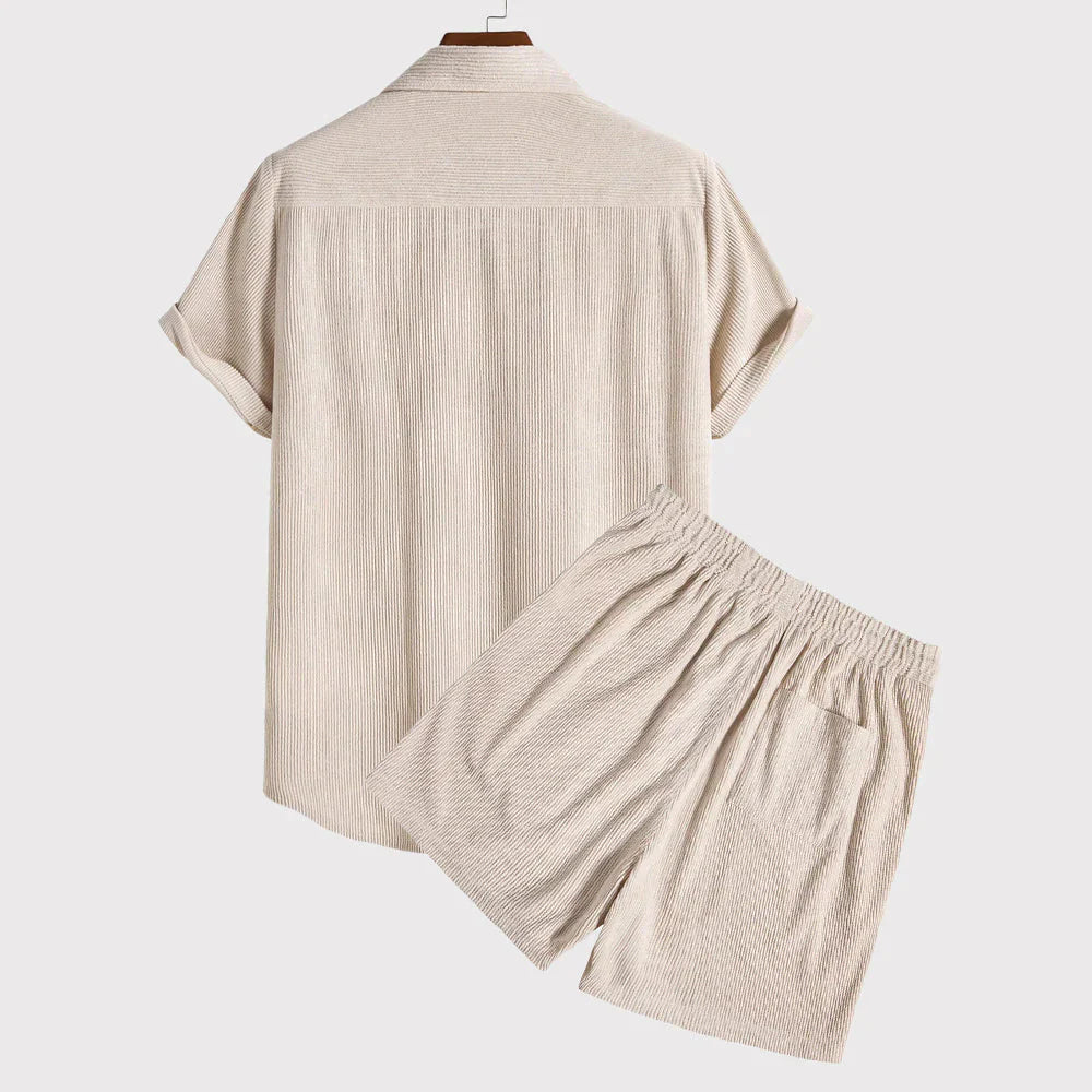 Qilbert Lounge Set | Men's Corduroy Short Sleeve Shirt & Drawstring Shorts