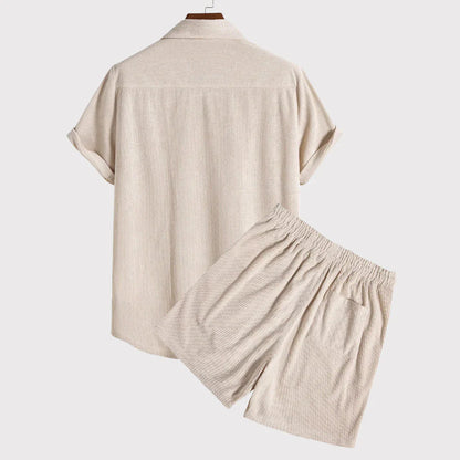 Qilbert Lounge Set | Men's Corduroy Short Sleeve Shirt & Drawstring Shorts
