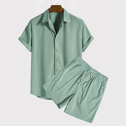 Qilbert Lounge Set | Men's Corduroy Short Sleeve Shirt & Drawstring Shorts