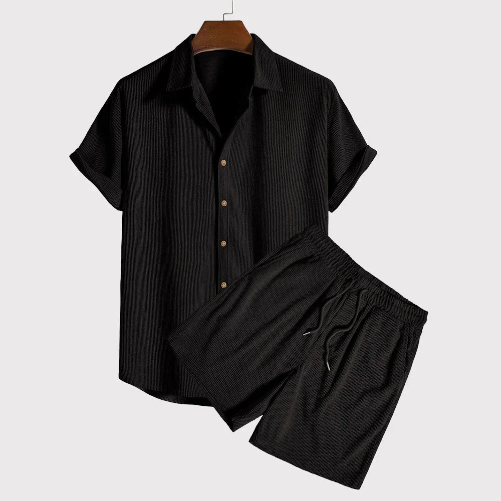 Qilbert Lounge Set | Men's Corduroy Short Sleeve Shirt & Drawstring Shorts