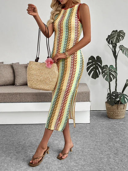 Qirelle Dress | Striped Crochet Fitted Midi Dress
