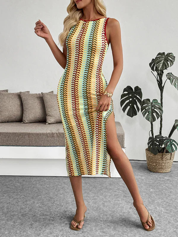 Qirelle Dress | Striped Crochet Fitted Midi Dress