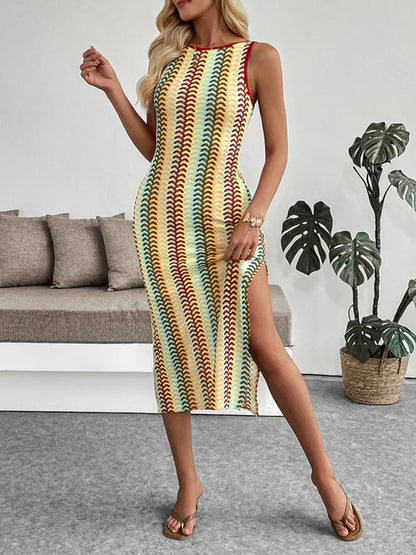 Qirelle Dress | Striped Crochet Fitted Midi Dress
