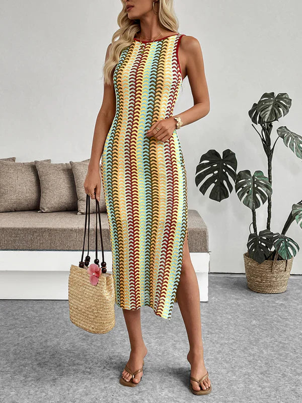 Women's Striped Knit Midi Fit Dress - OutfitLondon